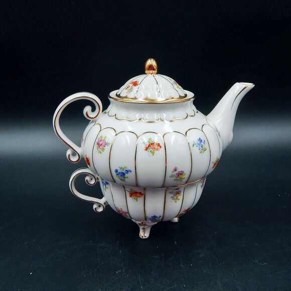Ganz Porcelain Floral Teapot With Teacup 3 PC Stacking Tea For One Gold Trim - Picture 3 of 10